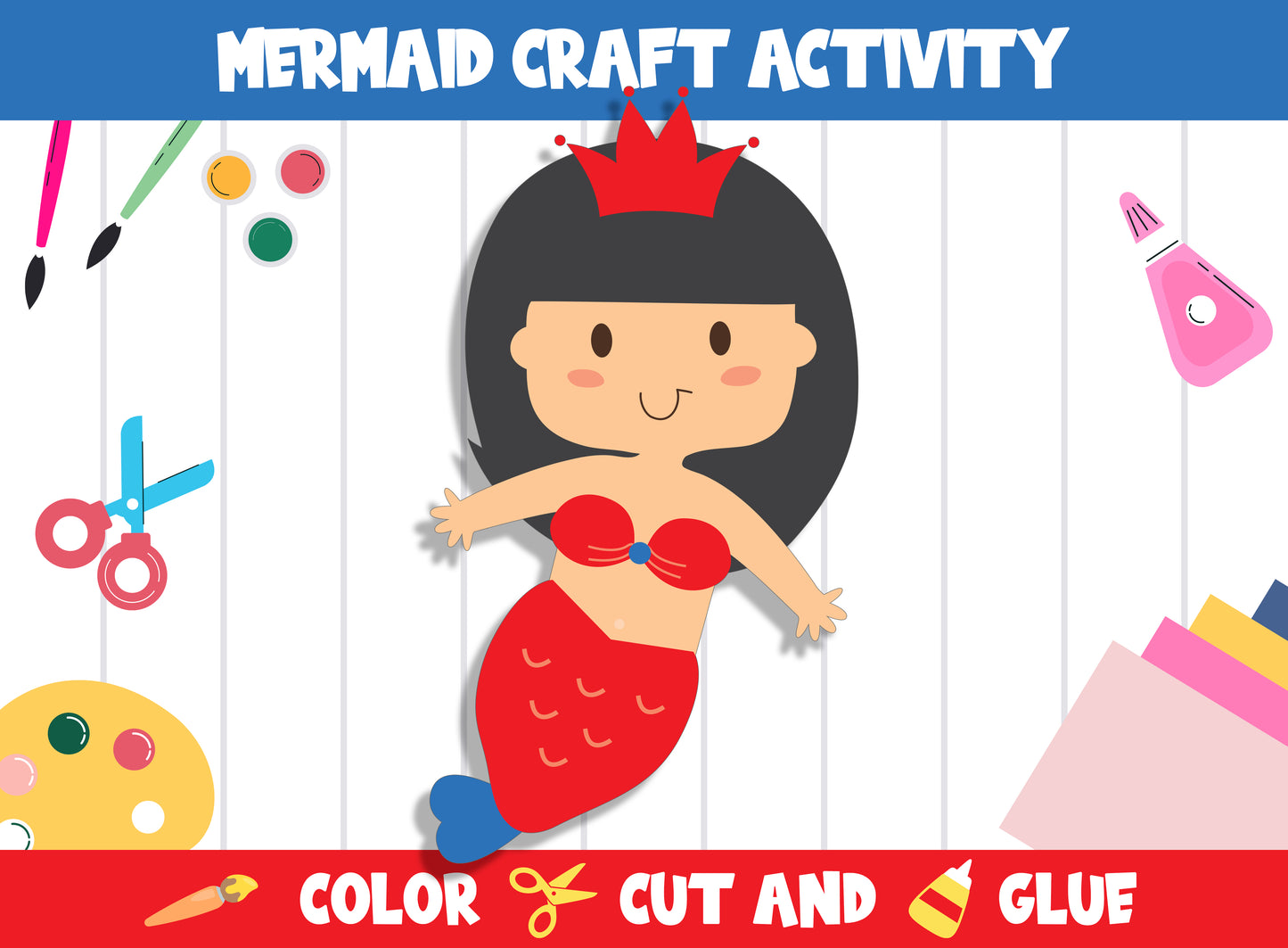 Mermaid Craft Activity : Color, Cut, and Glue for PreK to 2nd Grade, PDF File, Instant Download