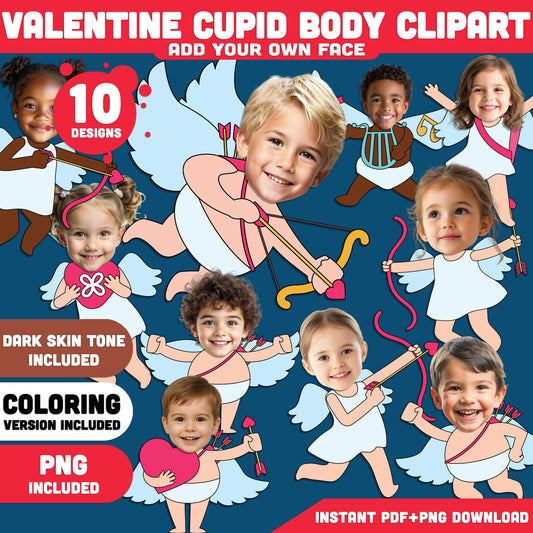 Valentine’s Day Cupid Templates for Kids, Add Your Own Face Valentine Craft, Classroom & Bulletin Board Activity, Coloring Version Included