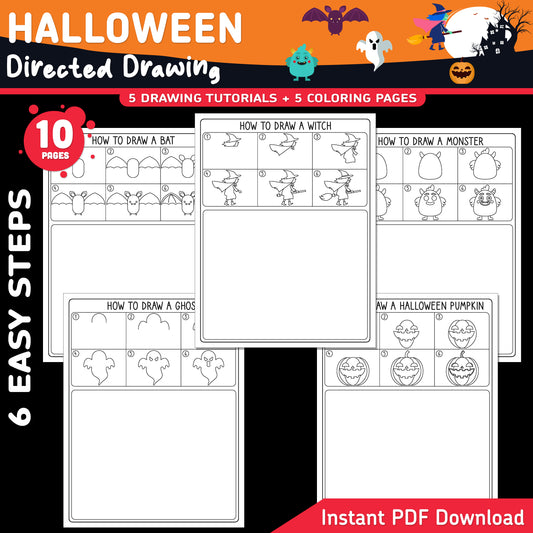 Halloween Directed Drawing, Learn to Draw a Ghost, Halloween Pumpkin, Witch, Bat & Monster, 6-Step Kids Art Activity, 5 Coloring Pages, A4, Letter