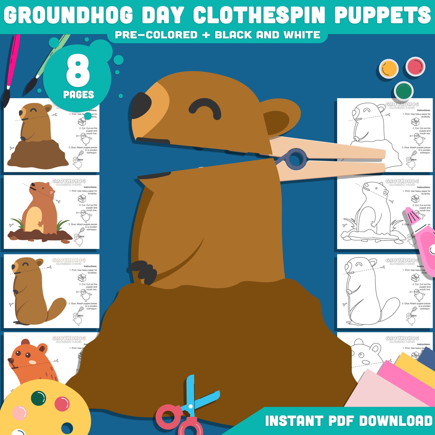 Groundhog Day Clothespin Puppets – Printable Classroom Puppet Project for Kids, Early Finisher Activity, Preschool Pre-K Kindergarten, Pre-color + Black & White
