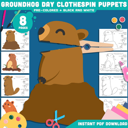 Groundhog Day Clothespin Puppets – Printable Classroom Puppet Project for Kids, Early Finisher Activity, Preschool Pre-K Kindergarten, Pre-color + Black & White