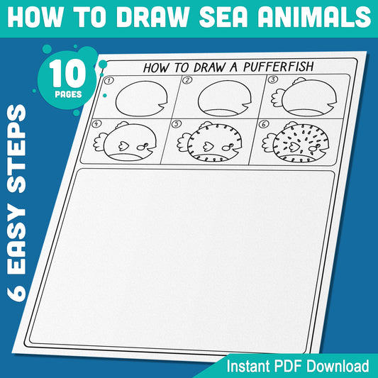 Drawing Sea Animals Made Easy: 5-Page Tutorial for Kids Featuring Anglerfish, Whale, Narwhal, Pufferfish, and Sea Turtle, Instant PDF Download!