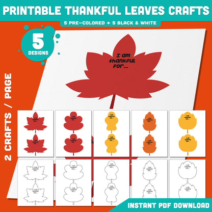 Printable Thankful Leaves Crafts – Thanksgiving Gratitude Activity, Fun Fall & Autumn Classroom Decor, Pre-colored + Black & White Pages, PDF Download