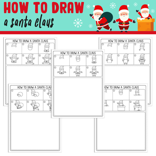 Learn How To Draw a Santa Claus: Directed Drawing Step by Step Tutorial, Includes 5 Coloring Pages, PDF File, Instant Download.