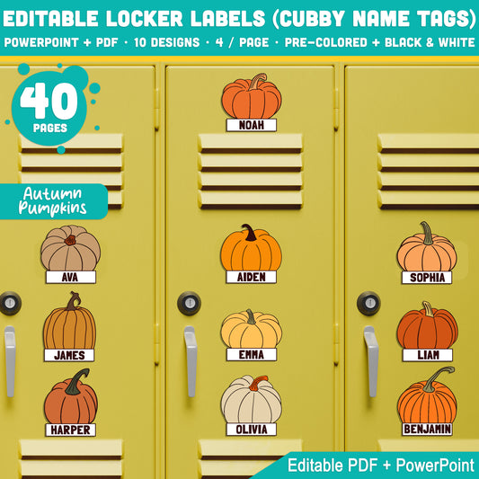 Autumn Pumpkins Themed Name Tags – Editable Locker & Cubby Labels, 40 Pages, PDF + PowerPoint, Back to School Download