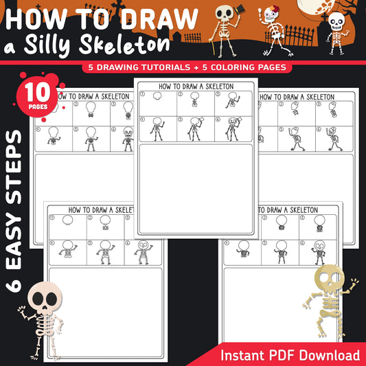 How to Draw a Silly Skeleton, Easy Halloween Directed Drawing + Coloring Pages