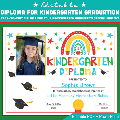 Personalized Kindergarten Diploma with Photo: Graduation Certificate Template in Letter Size, Editable PDF + PowerPoint, Last Day of School Keepsake, Instant Download!