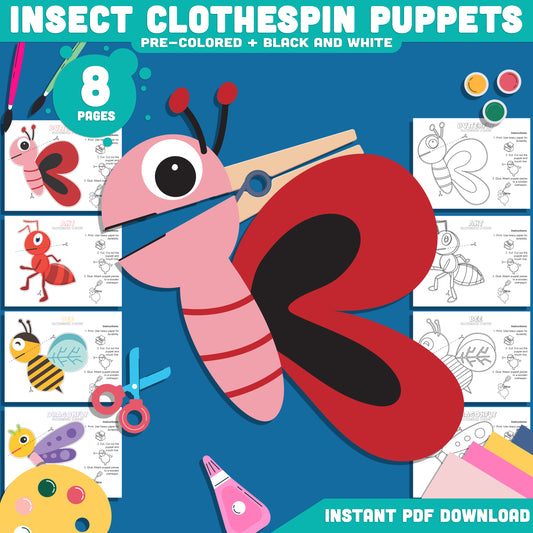 Printable Insect Clothespin Puppets, 8 Fun Pages with Butterfly, Ant, Bee & Dragonfly, Color & Black-and-White, DIY Kids Craft for Play, PDF Download