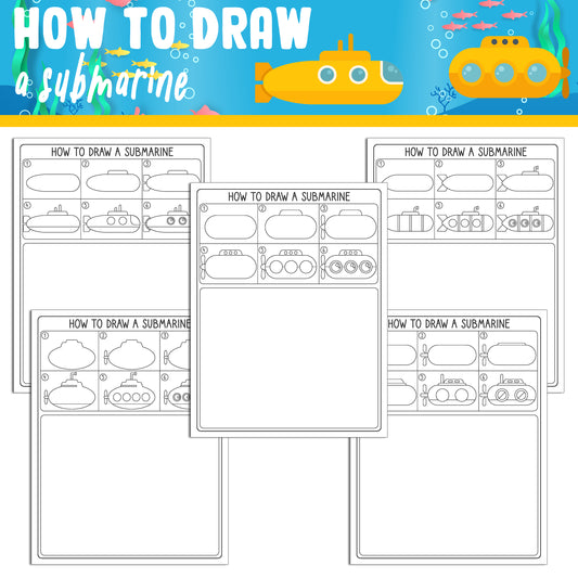 Learn How to Draw a Submarine for Kids: Directed Drawing Step by Step Tutorial, Includes 5 Coloring Pages, PDF File, Instant Download.