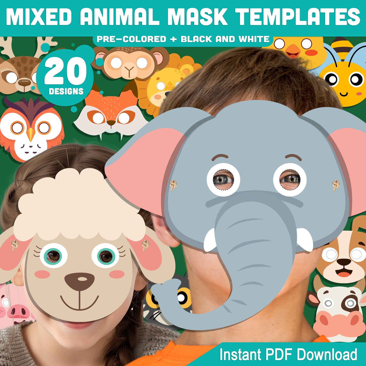 Mixed Animal Mask Templates, Printable Animal Masks for Classroom Crafts, Pre-Colored and Black and White Paper Masks