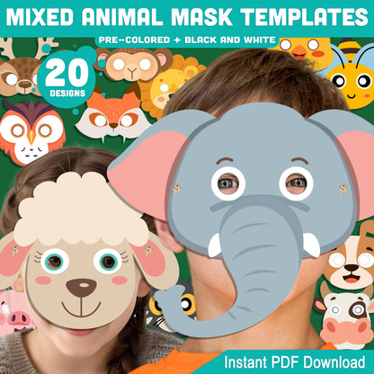 Mixed Animal Mask Templates, Printable Animal Masks for Classroom Crafts, Pre-Colored and Black and White Paper Masks