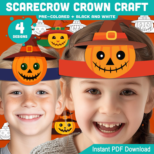 Scarecrow Crown Craft, Fall Paper Crown & Hat Activity, Printable Headband, Pre-Colored and Black & White, Autumn Craft, 4 Designs, A4, US Letter