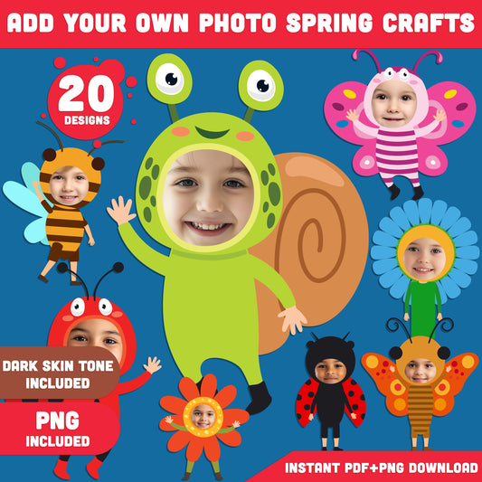 Add Your Own Face Spring Craft Body Clipart Templates: Fun Characters Like Ladybugs, Ducklings, Flowers, and Easter Eggs, Light + Dark Skin Tone, PDF + PNG