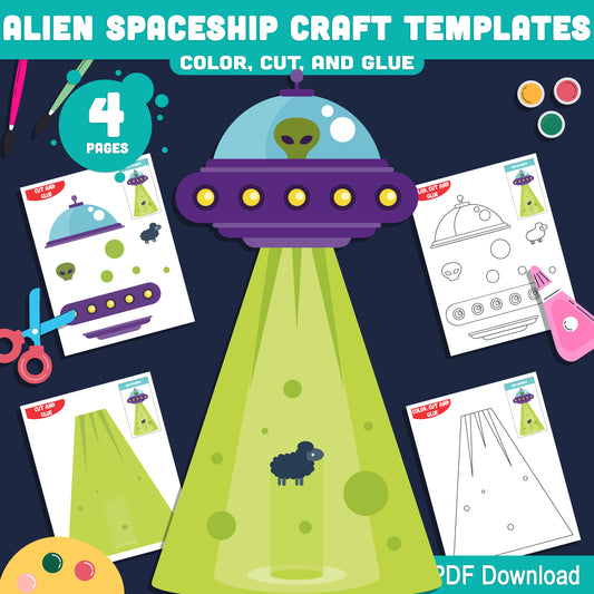 Alien Spaceship Craft Templates: 4 Printable Pages with Pre-Colored + Black & White Versions, Fun Cut and Glue PDF for Kids