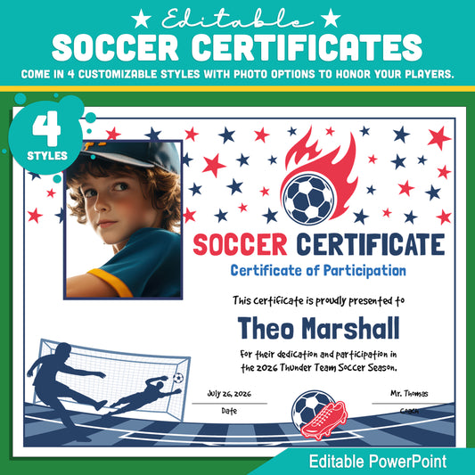 Editable Soccer Certificates | 4 Styles with Photo Options | Youth Team Awards, Player Recognition - 8.5x11 PowerPoint Instant Download