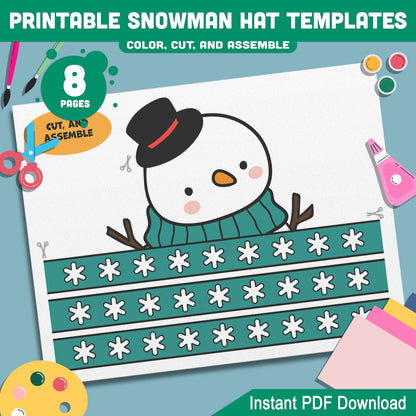 Christmas Snowman Hat Templates: Festive Craft for Kids with 4 Adorable Designs in Color and Black-and-White, Ready-to-Print PDF File.