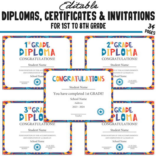 Editable 7th Grade Diplomas, 1st-8th Grade Certificates, and Invitation Templates in Professional Design - 34 Pages, PDF Instant Download