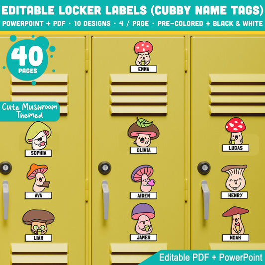 Cute Mushroom Themed Editable Locker Labels (Cubby Name Tags), PDF + PowerPoint, Back to School Name Tags, 4 per Page, 40 Pages