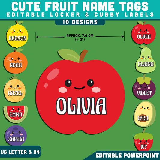 Cute Fruit Name Tags, Editable Locker & Cubby Labels, Playful Classroom Theme, PowerPoint Template, 10 Designs, Student Organization, US Letter, A4