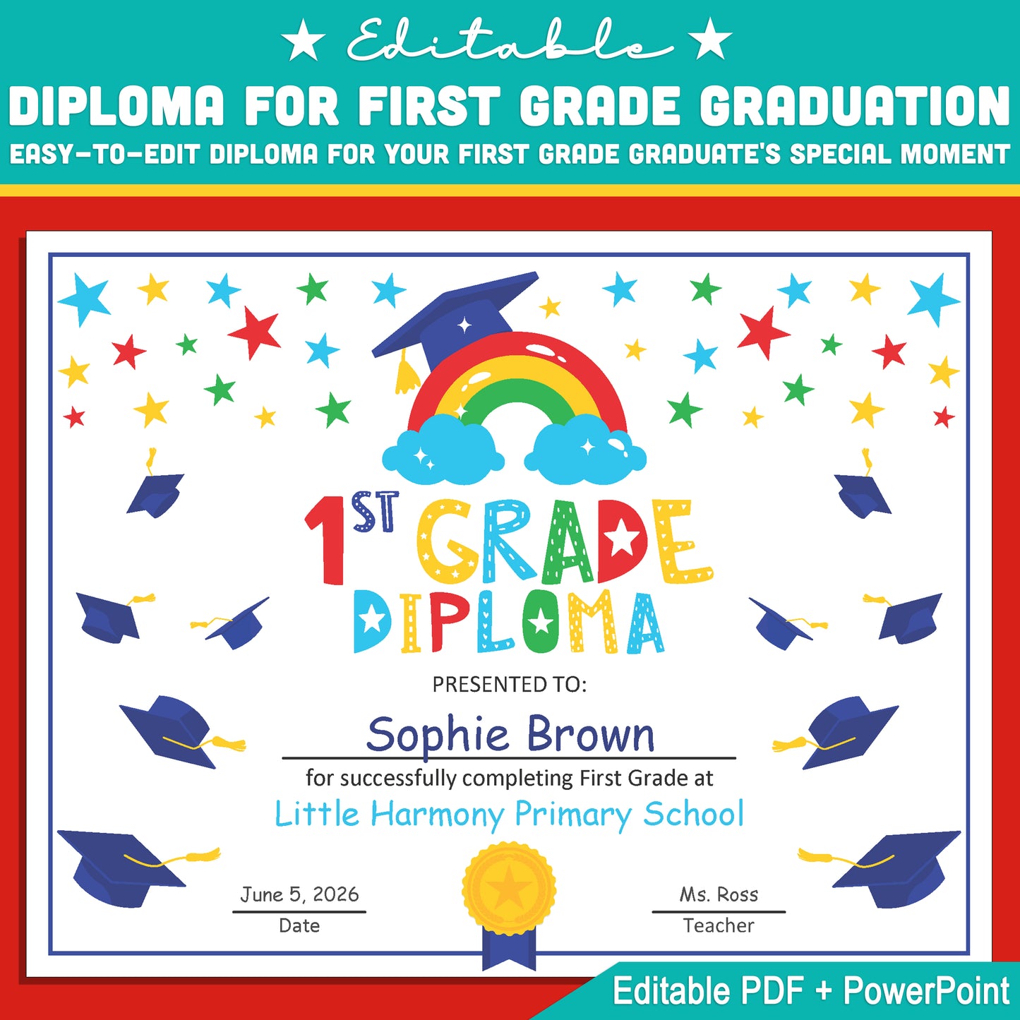 Editable First Grade Graduation Diploma Template: 8.5x11 Letter Size PDF & PowerPoint, Perfect for Memorable End of Year Graduation Moments