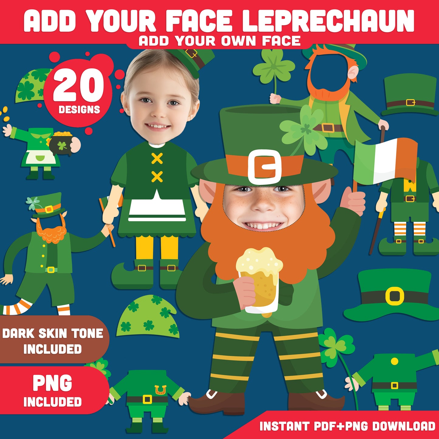 St. Patrick’s Day Add Your Face Leprechaun Craft – Printable Cutout Templates for Kids, Perfect for Bulletin Boards, Classroom Decor, and Spring Fun, Light + Dark Skin Tone, PDF + PNG