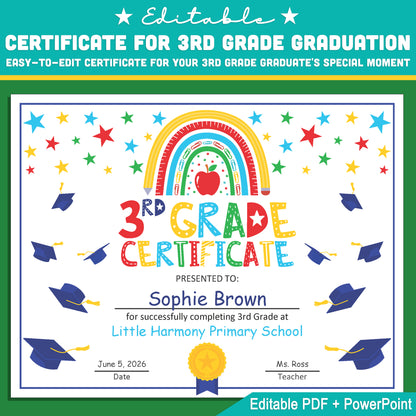 Third Grade Certificate Template: Editable PDF & PowerPoint for Graduation, Recognition Awards, and Special Milestone Events