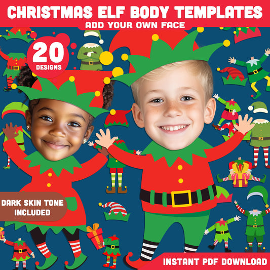 Printable Christmas Elf Body Templates for Kids, 20 Fun Designs (Light + Dark Skin Tone), Add Your Own Face Winter Craft, 8.5x11”, High-Res PDF Download