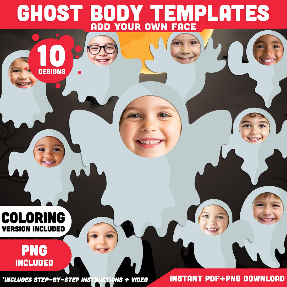 Halloween Ghost Body Templates, Photo Craft for Kids, Add Your Own Face, Halloween Activity, 10 Unique Designs, PDF + PNG Files, Coloring Version Included, 300 DPI