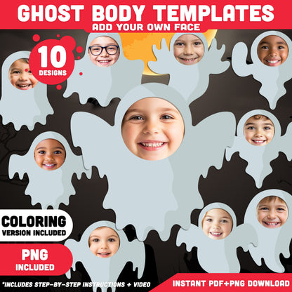 Halloween Ghost Body Templates, Photo Craft for Kids, Add Your Own Face, Halloween Activity, 10 Unique Designs, PDF + PNG Files, Coloring Version Included, 300 DPI