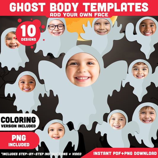 Halloween Ghost Body Templates, Photo Craft for Kids, Add Your Own Face, Halloween Activity, 10 Unique Designs, PDF + PNG Files, Coloring Version Included, 300 DPI