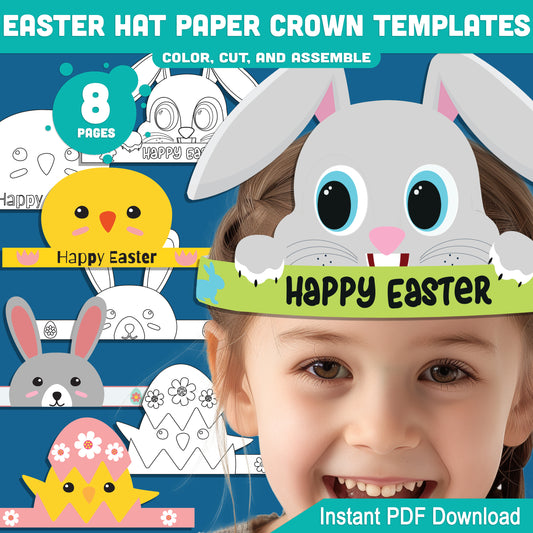 DIY Easter Hat Paper Crown, 8-Page Printable Kids Craft with 4 Fun Headband Designs, Bunny & Chick Theme, Pre-Colored & Coloring Options.