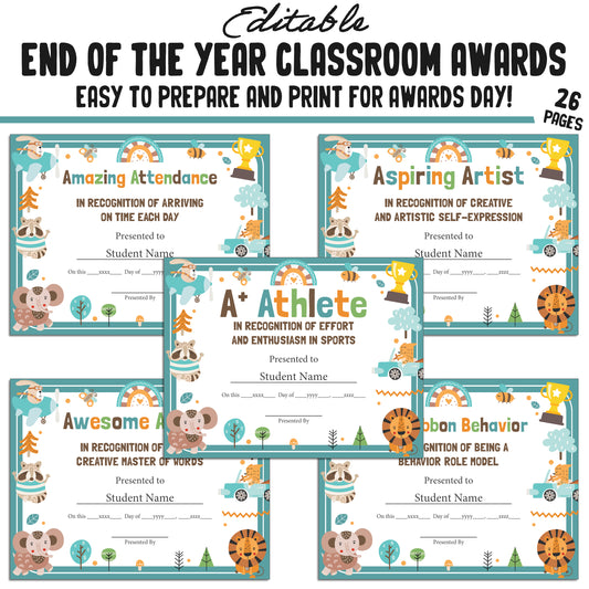Editable End-of-Year Class Superlatives Awards Certificates for Pre-K or Kindergarten Graduation, 26-Page PDF File, Instant Download
