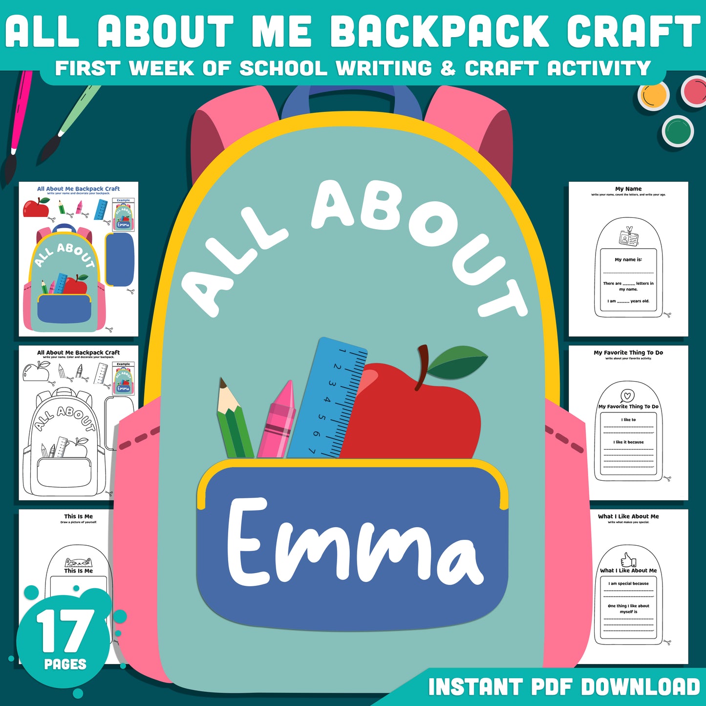 All About Me Backpack Craft, Getting to Know You Worksheet, First Week Back to School Project, Student Printable PDF