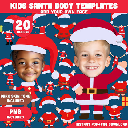 Printable Kids Santa Body Templates, 20 Fun Christmas Designs (Light + Dark Skin Tone, PDF + PNG), Add Your Own Face Craft, School or Home Holiday Activity PDF