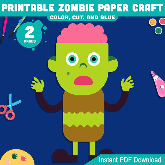 Printable Zombie Paper Craft for Kids – Fun Color, Cut & Glue Activity for Preschool, Pre-K, Kindergarten, Includes Pre-Colored & Black & White
