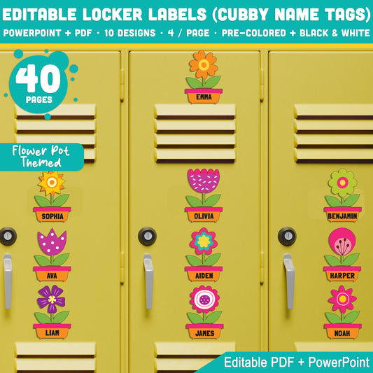 Editable Flower Pot Locker Labels and Name Tags, 40 Printable Pages, PDF + PowerPoint Format, Black & White + Colored, Instant Download