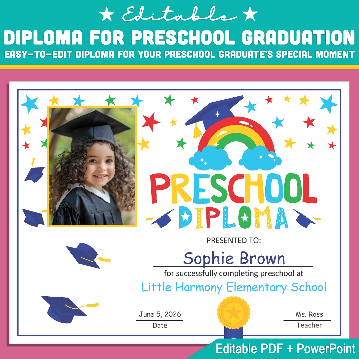 Editable Preschool Diploma Template with Photo: Customizable Letter Size PDF and PowerPoint for End of Year Graduation and Celebration Events