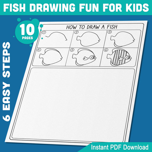 Fish Drawing Made Easy for Kids: Step-by-Step 5-Page Tutorial + 5 Coloring Pages, Creative Art Project for Classroom or Home, Instant PDF Download