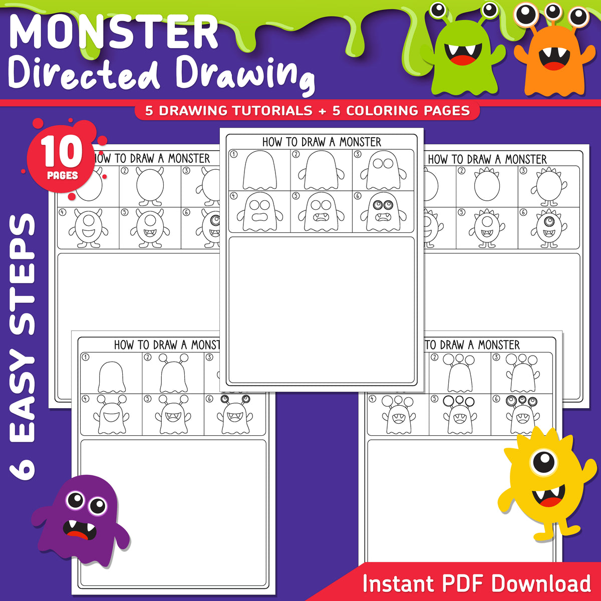 Monster Directed Drawing, How to Draw a Monster, Halloween Step-by-Step Art Lesson for Kids, 6 Easy Steps, Drawing Practice, Coloring Pages, PDF