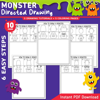 Monster Directed Drawing, How to Draw a Monster, Halloween Step-by-Step Art Lesson for Kids, 6 Easy Steps, Drawing Practice, Coloring Pages, PDF