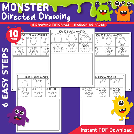 Monster Directed Drawing, How to Draw a Monster, Halloween Step-by-Step Art Lesson for Kids, 6 Easy Steps, Drawing Practice, Coloring Pages, PDF