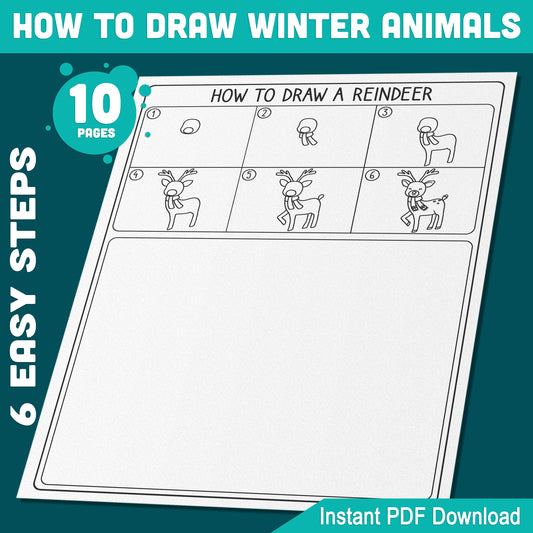 Learn to Draw Winter Animals for Kids: Step-by-Step Drawing Tutorial with 5 Coloring Pages Featuring Polar Bear, Penguin, Reindeer, Arctic Fox, Raccoon, PDF Download