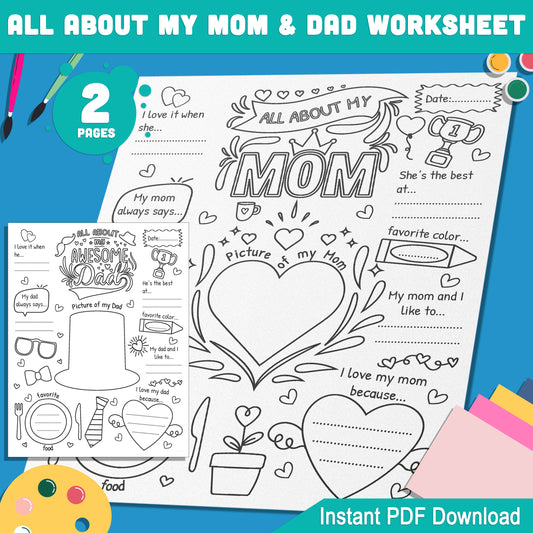 All About My Mom and Dad Worksheet: Special Creative Activity for Mother's and Father's Day, Instant PDF Download, Perfect for Kids!