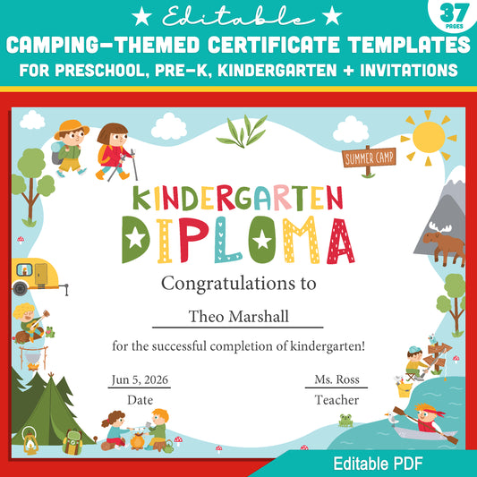 Preschool to Kindergarten Camping Certificate Pack – 37 Editable Templates with Diplomas & Invitations, Fun Outdoor Theme PDF Download