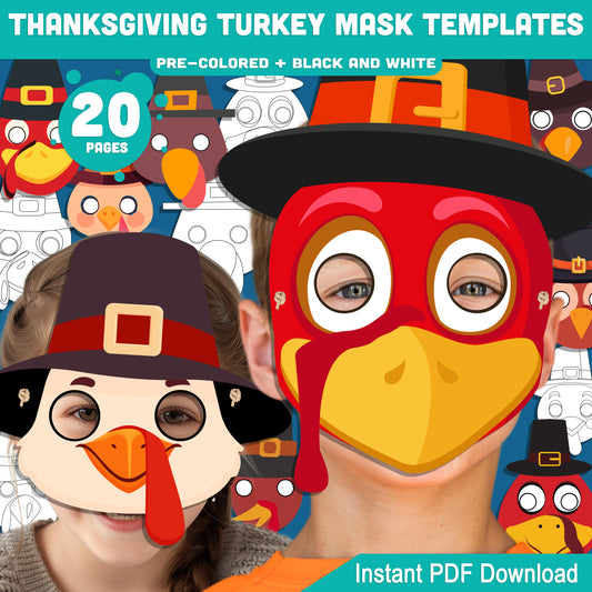 Printable Thanksgiving Turkey Mask Templates: Fun Fall Paper Craft for Kids, 10 Designs, Pre-Colored + Black and White, Perfect for Classroom Party or Family Craft