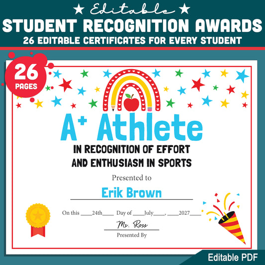 Editable Student Recognition Awards, Classroom Certificates, 26 Options, Printable Student Honors, Quick Personalization, Low Prep Teaching Tool