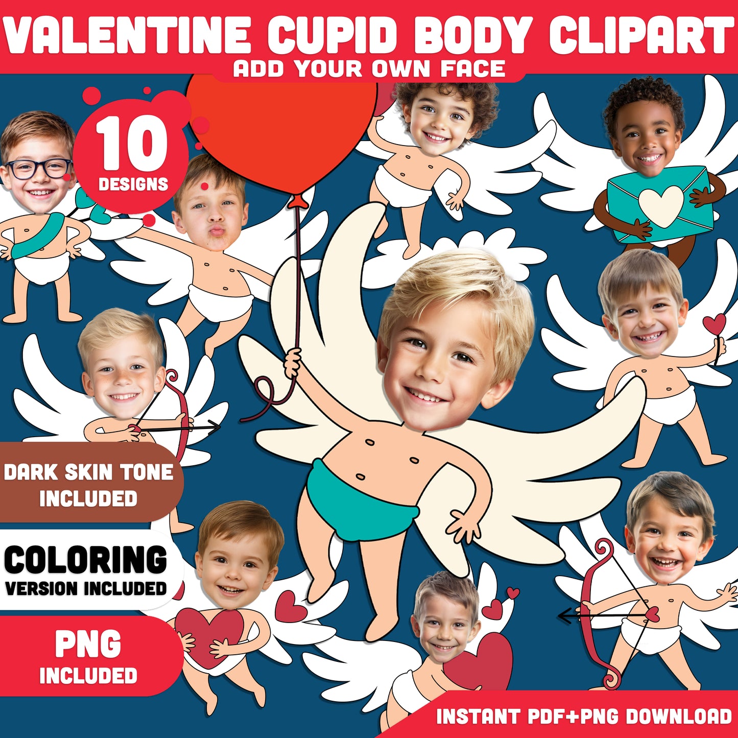 Cupid Body Clipart – Valentine Add Your Own Face Craft for Kids, Valentine Classroom & Party Activities, High-Res PDF PNG