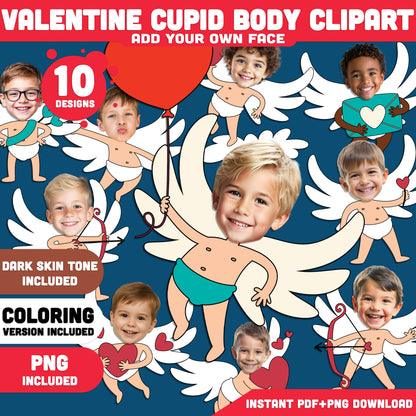 Cupid Body Clipart – Valentine Add Your Own Face Craft for Kids, Valentine Classroom & Party Activities, High-Res PDF PNG