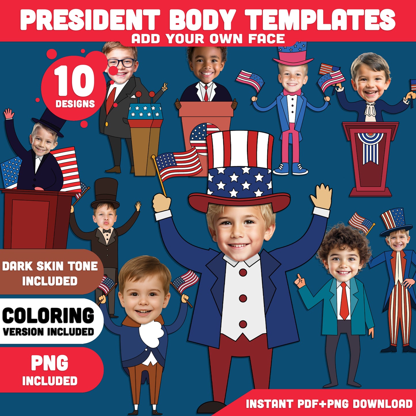 Presidents’ Day Add-Your-Own-Face Crafts, Let Kids Become Little Presidents, Hands-On Cut and Paste Craft, Coloring Version Included