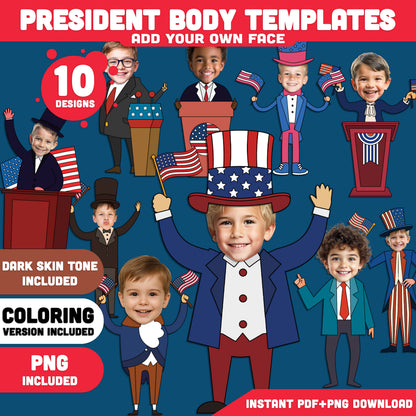 Presidents’ Day Add-Your-Own-Face Crafts, Let Kids Become Little Presidents, Hands-On Cut and Paste Craft, Coloring Version Included